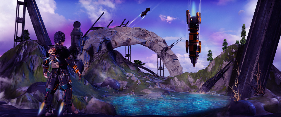 A pilot in a jump-jet-equipped Platform surveys a ruined stone bridge and abandoned mining rig, with a manufacturer's cargo lifter descending overhead.